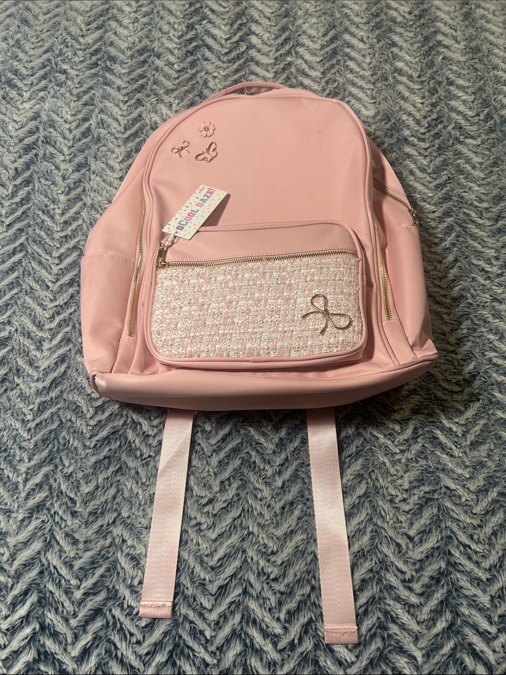 Pink Coquette-Style Backpack with Tweed Patteren and Gold Bow Accents